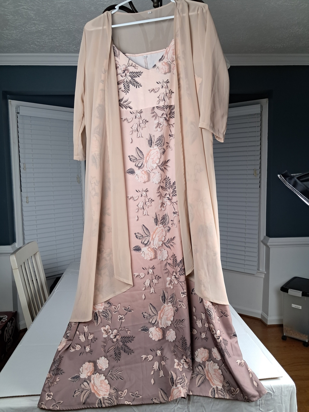 NWOT Beige and Peach floral maxi dress with matching cardigan Large.. polyester